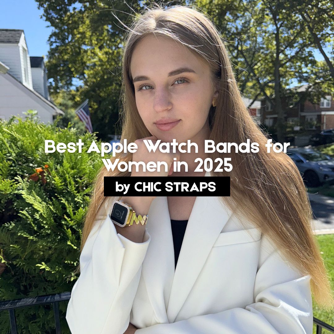 Caucasian woman smiling elegantly outdoors, wearing a metallic gold Athena Strap on her Apple Watch.