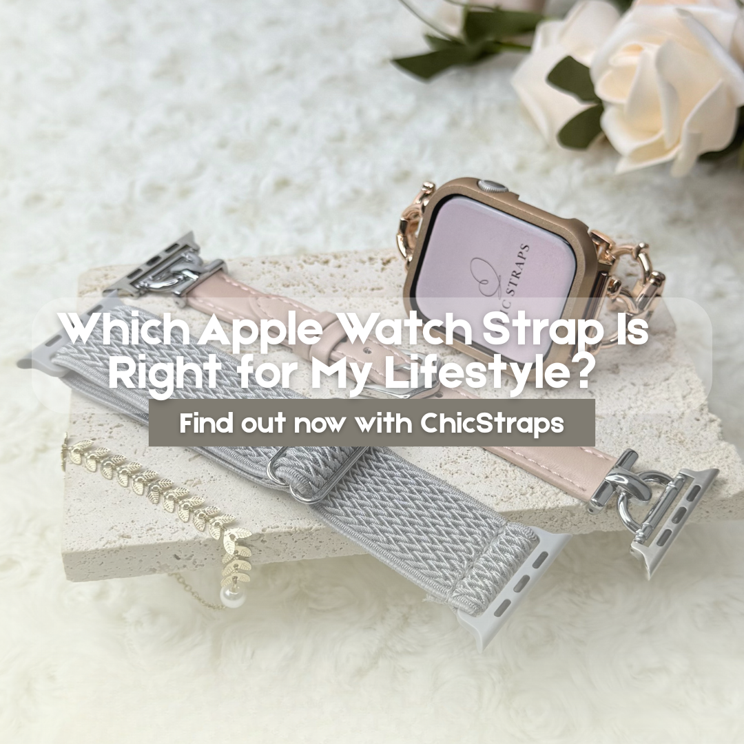 Apple Watch bands in silver mesh and blush leather by ChicStraps, styled with a luxury watch and lifestyle accessories.