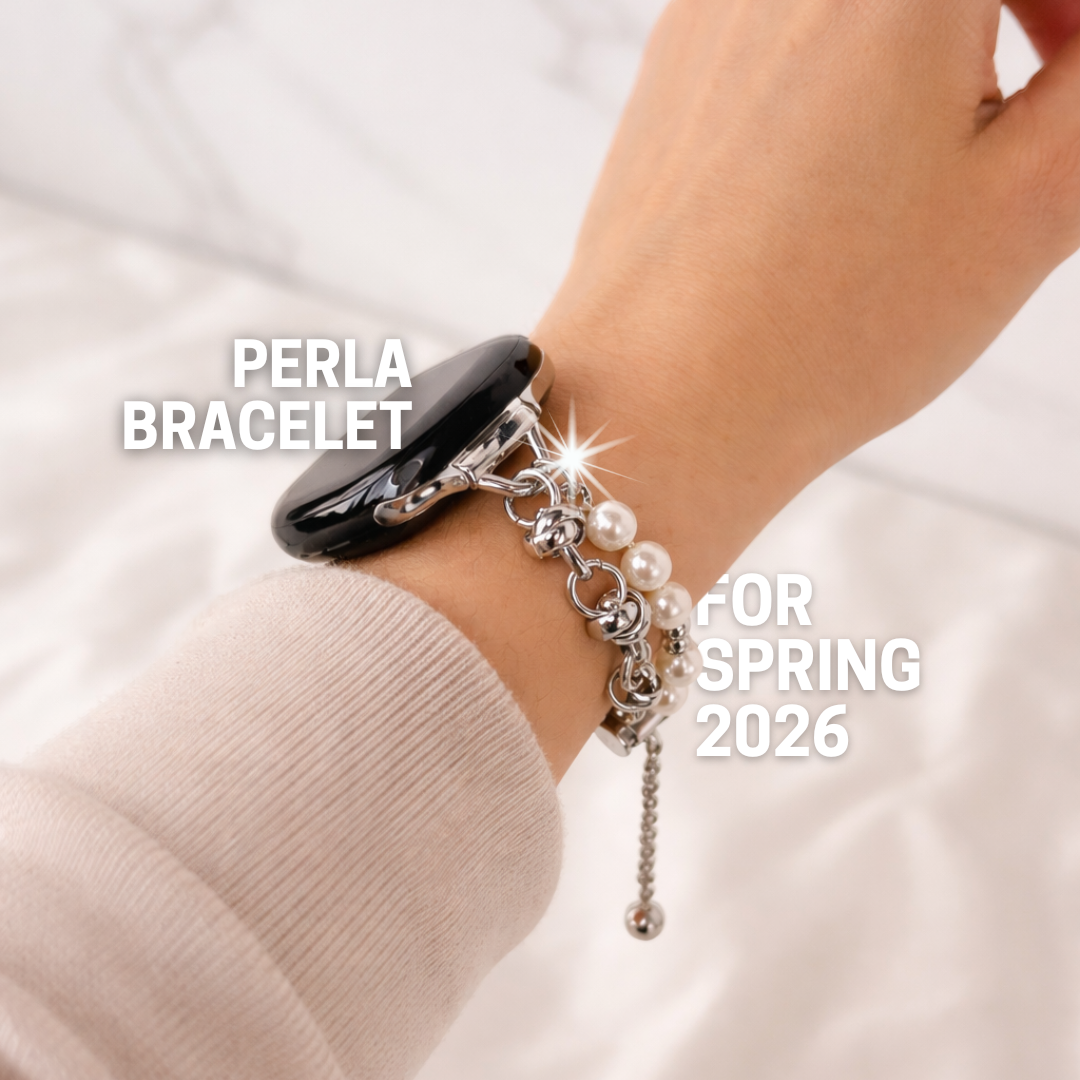 Elegant pearl Apple Watch band with silver chain bracelet styling
