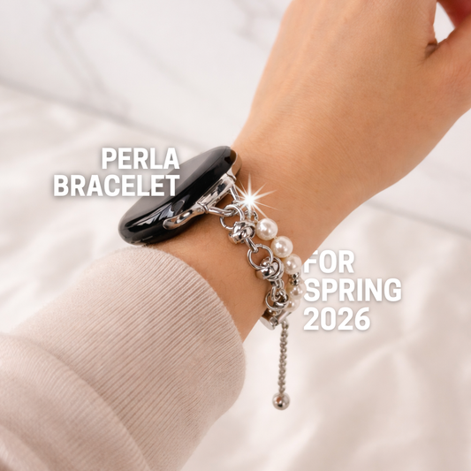 Elegant pearl Apple Watch band with silver chain bracelet styling