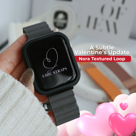 Gray textured Apple Watch loop band in minimalist lifestyle setup