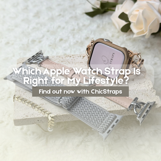 Apple Watch bands in silver mesh and blush leather by ChicStraps, styled with a luxury watch and lifestyle accessories.