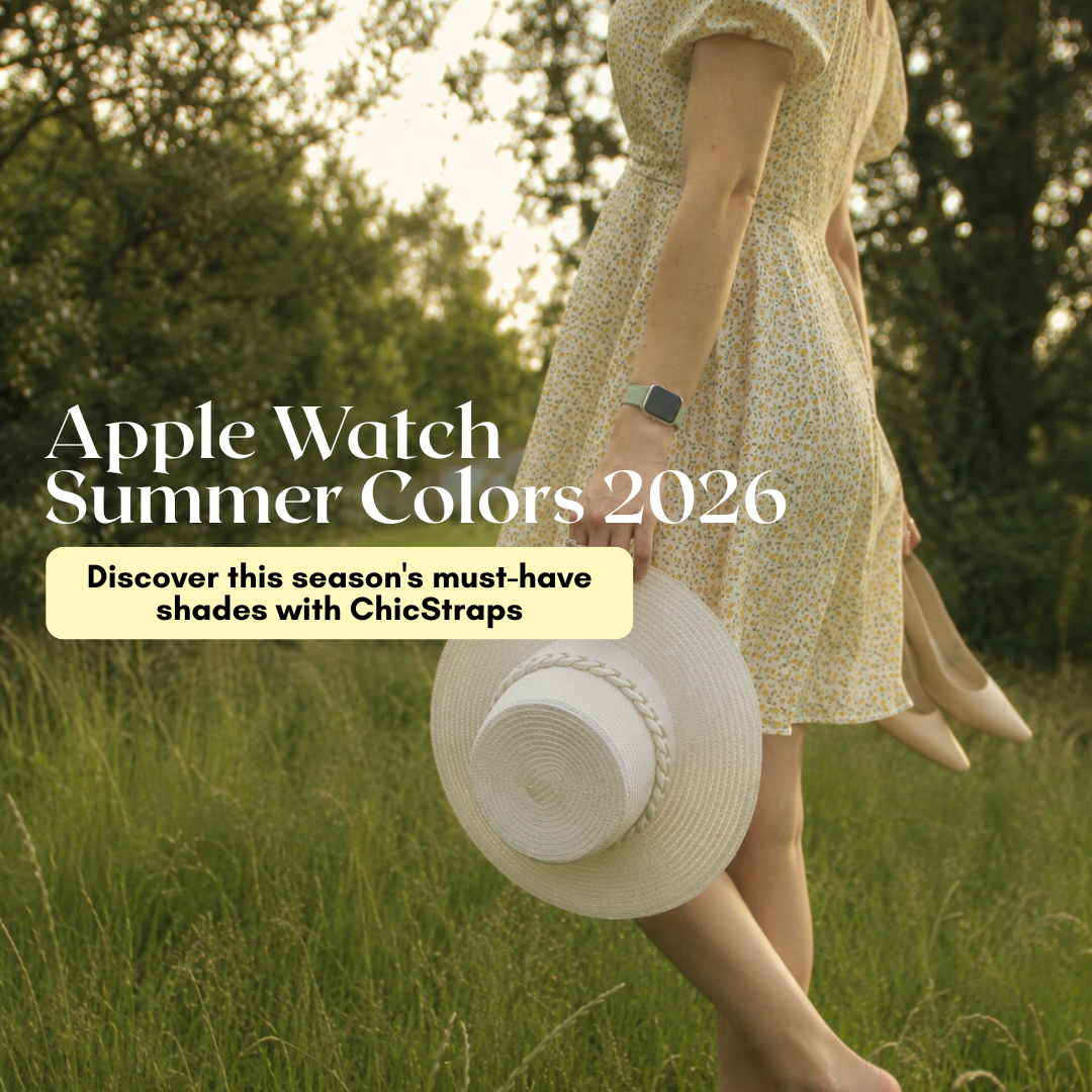 Summer lifestyle featuring a woman in a floral dress, representing ChicStraps' Apple Watch Summer Colors 2026.