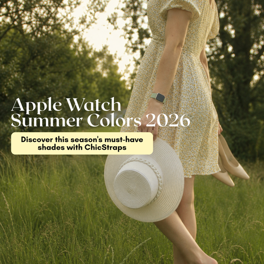 Summer lifestyle featuring a woman in a floral dress, representing ChicStraps' Apple Watch Summer Colors 2026.