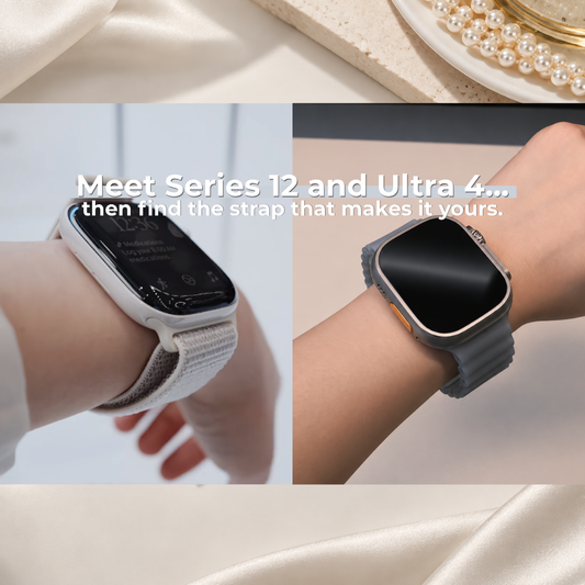 Promotional graphic featuring Apple Watch Series 12 and Apple Watch Ultra 4 with different watch bands.