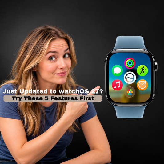 Blonde woman pointing at an Apple Watch displaying colorful app icons against a dark background.