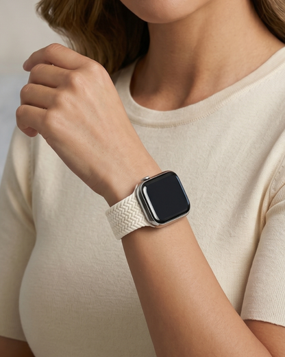 Person wearing a smartwatch with a white woven band on a plain background - for Apple Watch 